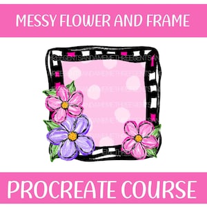 May include: A pink and white polka dot background with a black and white checkered frame. The frame is decorated with three pink and purple flowers with green leaves.