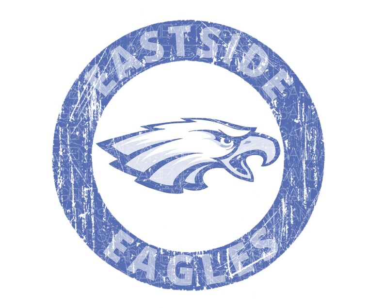 K&ouml;nnte beinhalten: Ein blauer und wei&szlig;er, abgenutzter Kreis mit dem Text "Eastside Eagles" am Rand. Im Inneren des Kreises befindet sich ein wei&szlig;er Adlerkopf mit blauem Schnabel und Augen.
