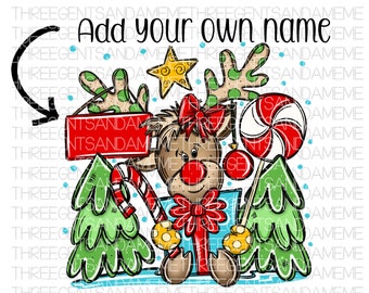 Reindeer Sublimation Design, Hand Drawn Personalizable  PNG, Instant Digital Download, Little Girl Christmas Shirt Design, Add Your Own Name