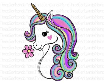 Little Girl Unicorn Design Instant Digital Download PNG, Hand Drawn T-Shirt Design, Rainbow Sublimation PNG, Glitter Birthday Clipart