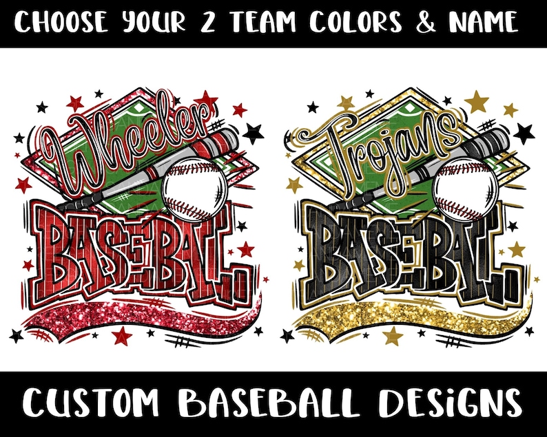 May include: Two baseball team logos with a baseball and bats. The first logo is red and black with the text "Wheeler Baseball". The second logo is gold and black with the text "Trojans Baseball".