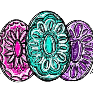 May include: Three decorative Easter eggs with intricate designs. The eggs are painted in shades of pink, teal, and purple.