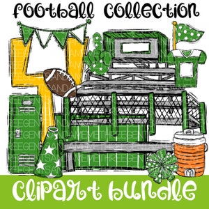 May include: Green and yellow football themed clipart bundle. Includes a football, goal post, bleachers, locker, megaphone, cooler, and a cheerleader bow. The text "Football Collection" and "Clipart Bundle" is included in the image.