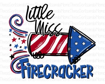 Little Girl 4th of July DTF Transfer Printable PNG, Little Miss Firecracker, 4th of July Sublimation, Red, White, Blue Heat Transfer PNG