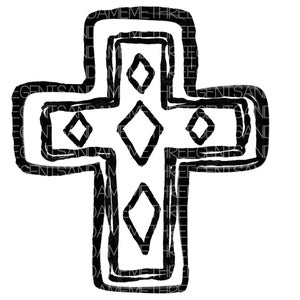 Puede incluir: Una cruz en blanco y negro con un patrón geométrico de diamantes en el centro. La cruz está delineada con líneas negras gruesas.