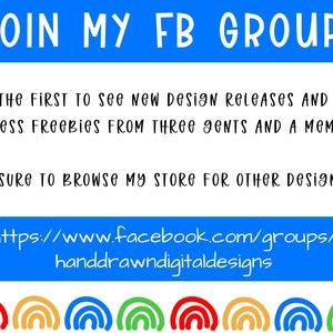 May include: A colorful graphic with the text "JOIN MY FB GROUP!" and a link to a Facebook group for hand-drawn digital designs. The graphic features a rainbow arch design at the bottom.