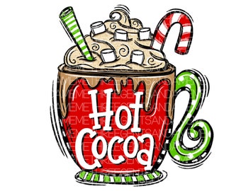 Hot Cocoa Sublimation Design, Hand Drawn PNG, Instant Digital Download, Christmas Shirt Design, Mug PNG, Holiday Graphic, PNG,  Marshmallow