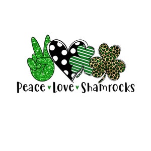 Puede incluir: Dise&ntilde;o gr&aacute;fico de paz, amor y tr&eacute;boles con un signo de paz, un coraz&oacute;n con lunares y rayas y un tr&eacute;bol con estampado de leopardo.