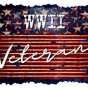 Könnte beinhalten: Ein verwittertes amerikanisches Flaggen-Design mit roten und weißen Streifen und blauen Sternen. Die Worte "WWII Veteran" sind in Weiß auf die Flagge geschrieben.