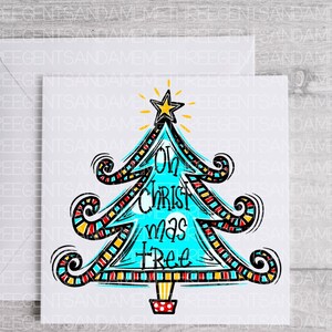May include: A blue and red Christmas tree with the text "Oh Christ mas tree" on it. The tree is decorated with yellow and white stripes and swirls.