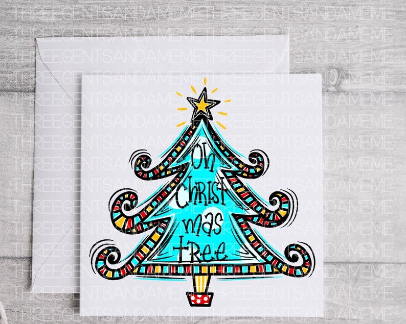 May include: A blue and red Christmas tree with the text "Oh Christ mas tree" on it. The tree is decorated with yellow and white stripes and swirls.