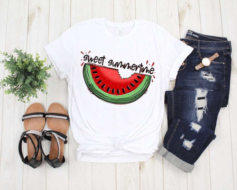 May include: White t-shirt with a watermelon graphic and the text "sweet summertime".