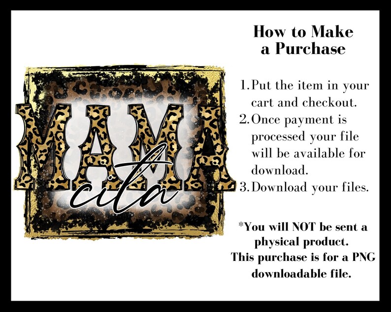 May include: A digital download of a graphic design featuring the text "Mamacita" in black letters with a leopard print pattern. The design has a distressed, vintage look.