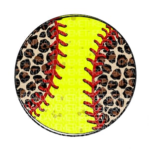 May include: A yellow softball with red stitching and a leopard print design. The softball is a popular sport for both men and women.