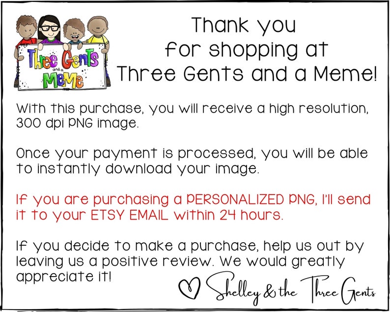 Pu&ograve; includere: Un'illustrazione digitale di tre gentiluomini dei cartoni animati che tengono un cartello che dice "Thee Gents and a Meme". Il testo sotto l'immagine dice "Grazie per aver fatto acquisti da Three Gents and a Meme!"