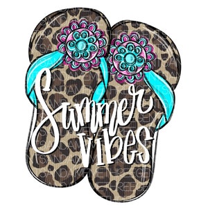May include: A pair of leopard print flip flops with blue and pink embellishments. The text "Summer Vibes" is written on the flip flops.