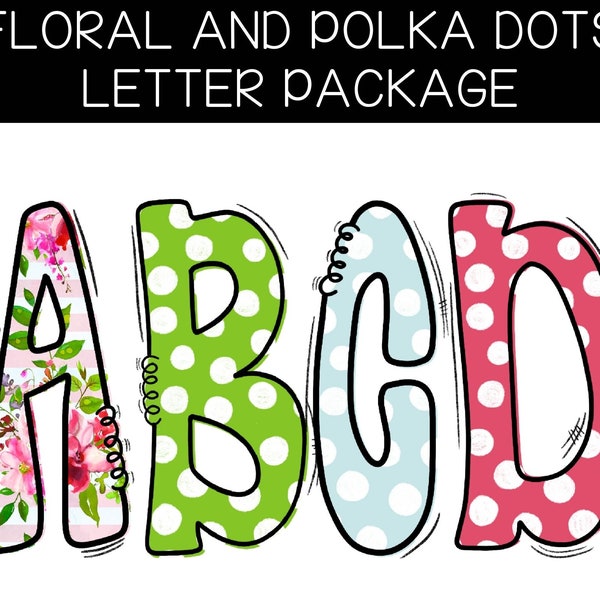 Floral and Polka Dots Letter Package Instant Digital Download PNG, T-Shirt Designer Clipart, Cute Whimsical Letters for Clipart, Word Art