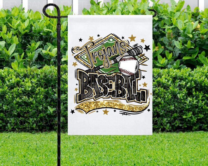 May include: A white garden flag with a green baseball diamond, a baseball bat, and a baseball. The text "Trojans Baseball" is written in black and gold letters with gold glitter.