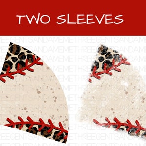May include: Two baseball-themed fabric patches with a leopard print design and red stitching. The patches are shaped like a slice of a baseball. The background is white with a speckled texture.