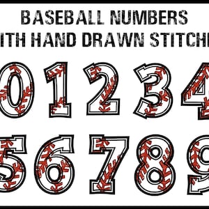Numery baseballowe 0-9 z ręcznie rysowanymi ściegami, numery koszulek baseballowych, sztuka baseballowa png, natychmiastowe pobieranie baseballu png