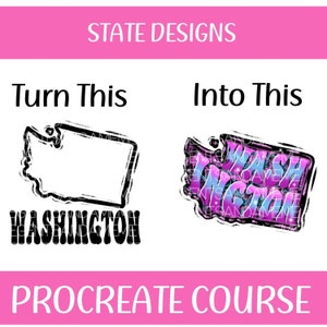 May include: A graphic design tutorial showing how to turn a simple outline of the state of Washington into a colorful, glittery design with the word "Washington" written in a stylized font.