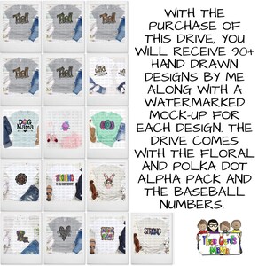 Puede incluir: Un collage de 15 dise&ntilde;os diferentes para camisetas, con varios temas, incluyendo animales, flores y texto. Los dise&ntilde;os se muestran en maquetas de camisetas de diferentes colores. El texto en la imagen dice "WITH THE PURCHASE OF THIS DRIVE, YOU WILL RECEIVE 90+ HAND DRAWN DESIGNS BY ME ALONG WITH A WATERMARKED MOCK-UP FOR EACH DESIGN. THE DRIVE COMES WITH THE FLORAL AND POLKA DOT ALPHA PACK AND THE BASEBALL NUMBERS."