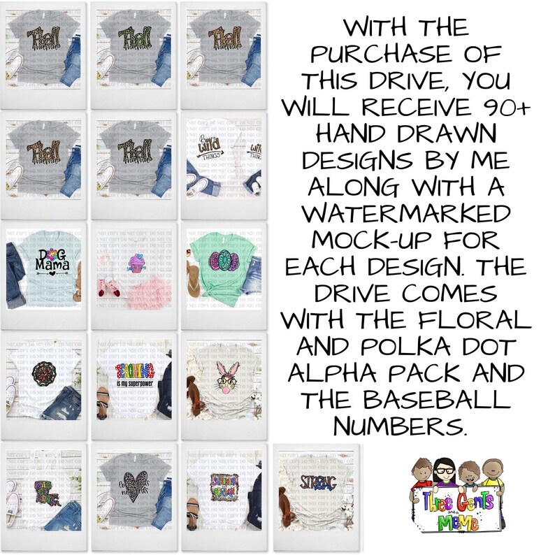 Puede incluir: Un collage de 15 dise&ntilde;os diferentes para camisetas, con varios temas, incluyendo animales, flores y texto. Los dise&ntilde;os se muestran en maquetas de camisetas de diferentes colores. El texto en la imagen dice "WITH THE PURCHASE OF THIS DRIVE, YOU WILL RECEIVE 90+ HAND DRAWN DESIGNS BY ME ALONG WITH A WATERMARKED MOCK-UP FOR EACH DESIGN. THE DRIVE COMES WITH THE FLORAL AND POLKA DOT ALPHA PACK AND THE BASEBALL NUMBERS."