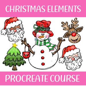 May include: A set of five Christmas-themed illustrations featuring a snowman, a reindeer, a Christmas tree, and two Santa Claus heads. The snowman is wearing a red hat, a green scarf, and a red purse. The reindeer has a red nose. The Christmas tree is green with a yellow star on top. The Santa Claus heads have white beards and red hats.