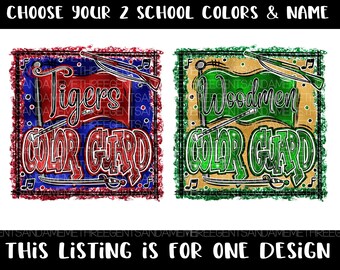 May include: Two color guard designs with a red and blue color scheme and a green and gold color scheme. The red and blue design says "Tigers Color Guard" and the green and gold design says "Woodmen Color Guard".
