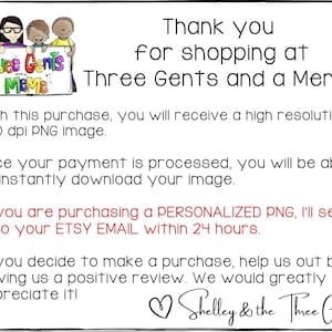 May include: A digital illustration of three cartoon gentlemen holding a sign that says "Thee Gents and a Meme". The text below the image says "Thank you for shopping at Three Gents and a Meme!"