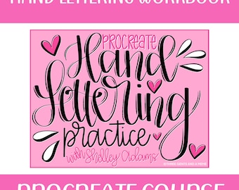 Könnte beinhalten: Rosa-schwarze Grafik mit dem Text "PROCREATE" in Weiß, "Hand Lettering Practice" in Schwarz und "with Shelley Adams" in Schwarz. Die Grafik enthält auch mehrere rosa Herzen.