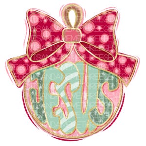 May include: A pink and green Christmas bauble with a red bow and the word "Jesus" written in a decorative font.