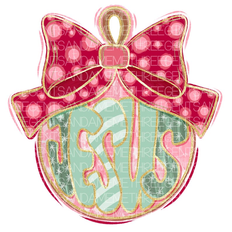 May include: A pink and green Christmas bauble with a red bow and the word "Jesus" written in a decorative font.