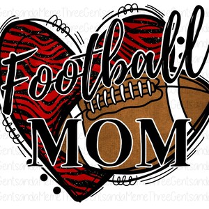 May include: A red and black heart with a football inside. The heart has a glittery texture and the football is brown with white laces. The text "Football Mom" is written in black cursive letters.