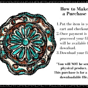 K&ouml;nnte beinhalten: Ein t&uuml;rkisfarbenes und braunes Mandala-Design auf wei&szlig;em Hintergrund. Der Text "How to Make a Purchase" ist in schwarzer Schrift unter dem Design geschrieben. Der Text unter der &Uuml;berschrift erkl&auml;rt, wie man einen digitalen Download kauft. Der Text lautet: "1. Legen Sie den Artikel in Ihren Warenkorb und gehen Sie zur Kasse. 2. Sobald die Zahlung verarbeitet wurde, steht Ihre Datei zum Download bereit. 3. Laden Sie Ihre Dateien herunter. *Sie erhalten KEIN physisches Produkt. Dieser Kauf ist f&uuml;r eine herunterladbare PNG-Datei."