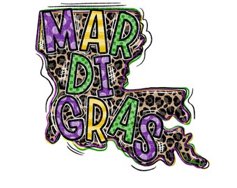 Mardi Gras Sublimation PNG Design, Hand Drawn, Digital Download, Bourbon Street, Louisiana, Cheetah Print, Leopard Pattern, Mardi Gras Party