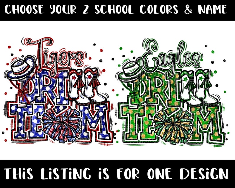 May include: A digital design featuring two cheerleading team logos. The first logo is red, white, and blue with the words "Tigers" and "Drill Team". The second logo is green and gold with the words "Eagles" and "Drill Team".