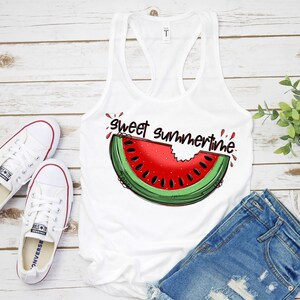 May include: White tank top with a watermelon graphic and the text "sweet summertime".