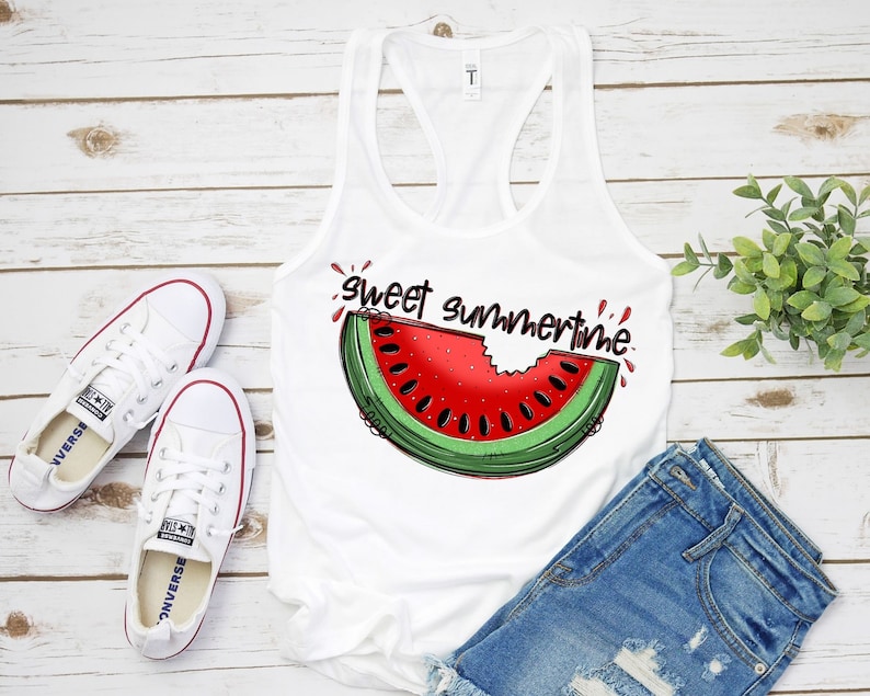 May include: White tank top with a watermelon graphic and the text "sweet summertime".