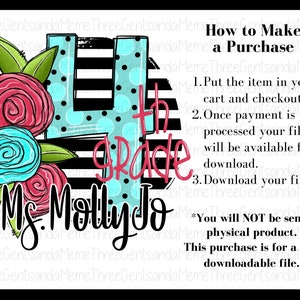 May include: A digital design featuring a blue and white polka dot number four, black and white stripes, and pink and blue flowers. The text "4th Grade Ms. Molly Jo" is written in a black script font.