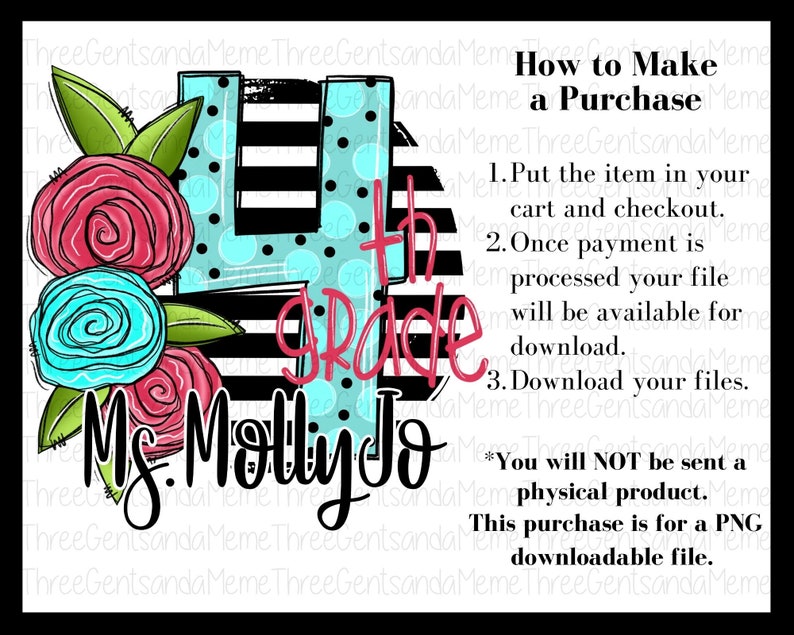 May include: A digital design featuring a blue and white polka dot number four, black and white stripes, and pink and blue flowers. The text "4th Grade Ms. Molly Jo" is written in a black script font.