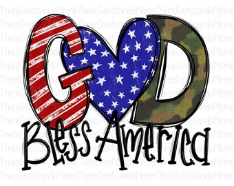 God Bless America Camo, American Flag, 4th of July Sublimation Design, God Bless the USA, Patriotic Hand Drawn Digital Download