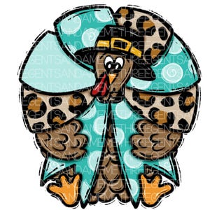 Könnte beinhalten: Ein Cartoon-Truthahn, der einen Hut mit teal- und weißen Punkten und einen braunen und braunen Leoparden-Schal trägt. Der Truthahn trägt einen Umhang mit teal- und weißen Punkten mit einem weißen Punktmuster.