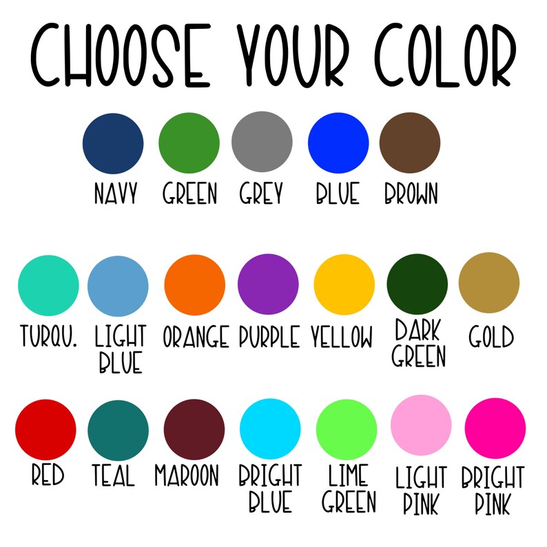 May include: A colour chart with 18 different colour swatches. The colours include navy, green, grey, blue, brown, turquoise, light blue, orange, purple, yellow, dark green, gold, red, teal, maroon, bright blue, lime green, light pink, and bright pink.