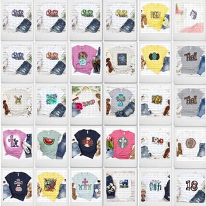 Puede incluir: Un collage de 20 dise&ntilde;os diferentes de camisetas con varias frases y gr&aacute;ficos religiosos e inspiradores. Los dise&ntilde;os incluyen una cruz, una mariposa, una sand&iacute;a, una pelota de b&eacute;isbol, un unicornio y m&aacute;s. Las camisetas se muestran en maniqu&iacute;es y sobre un fondo blanco.