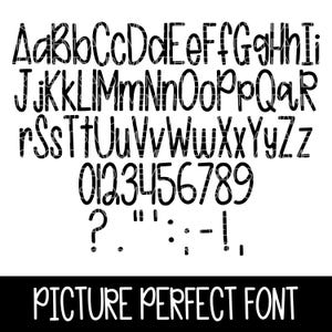 May include: Black and white font chart displaying uppercase and lowercase letters, numbers, and punctuation marks. The text "PICTURE PERFECT FONT" is at the bottom. The font is a rounded sans-serif style.