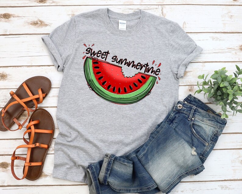 May include: Gray t-shirt with a watermelon graphic and the text "sweet summertime".