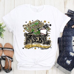 May include: White t-shirt with a green and gold graphic that says "Trojans Baseball" with a baseball and bat.
