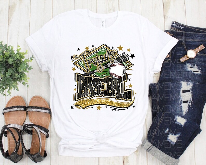 May include: White t-shirt with a green and gold graphic that says "Trojans Baseball" with a baseball and bat.