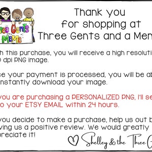 May include: A digital illustration of three cartoon gentlemen holding a sign that says "Thee Gents and a Meme". The text below the image says "Thank you for shopping at Three Gents and a Meme!"